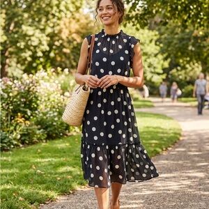 Ann Taylor Black and White Polka Dot Sleeveless Midi Dress